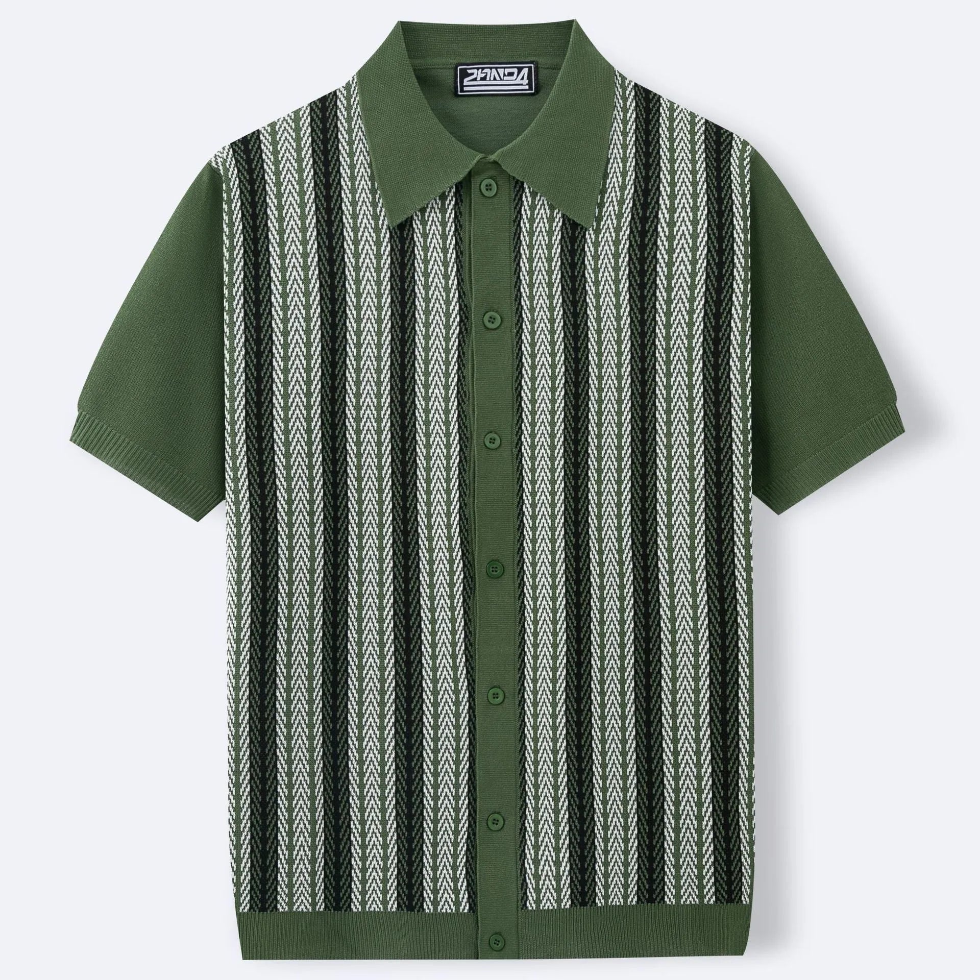 Men's casual striped jacquard sweater in green, short sleeves, regular fit, Tencel viscose blend, summer leisure wear