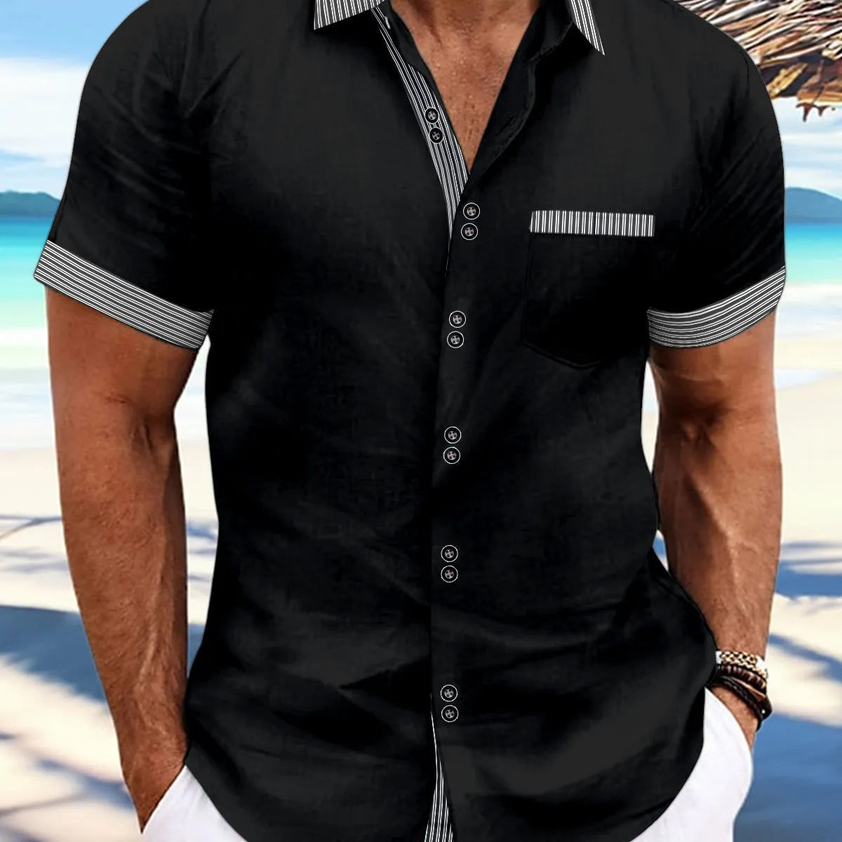 Man's slim fit striped short sleeve casual shirt in pure cotton, showing double button placket.