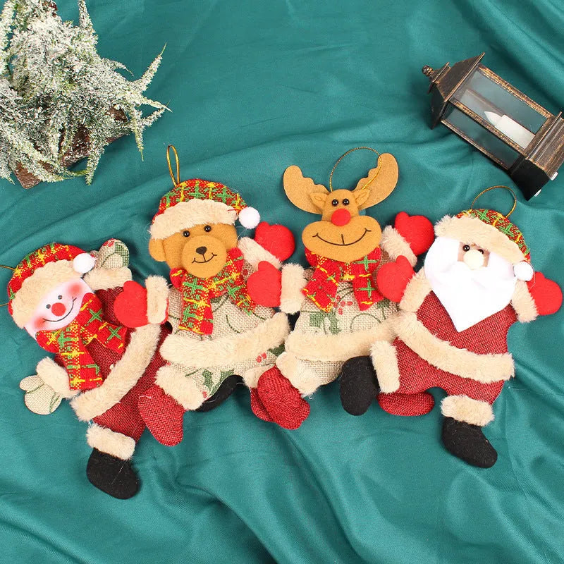 Set of 4 festive Christmas tree ornaments Santa snowman reindeer bear figures with red white scarves gold balls red bows