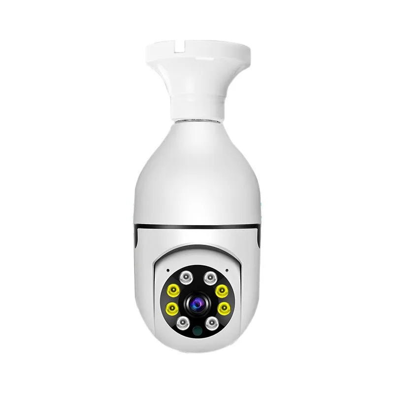 Wireless bulb camera with plastic and metal housing measuring 5cm by 12cm for indoor and outdoor monitoring