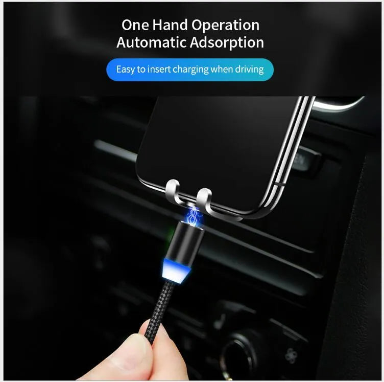 Black magnetic LED charging cable with cotton yarn weave and aluminium connectors