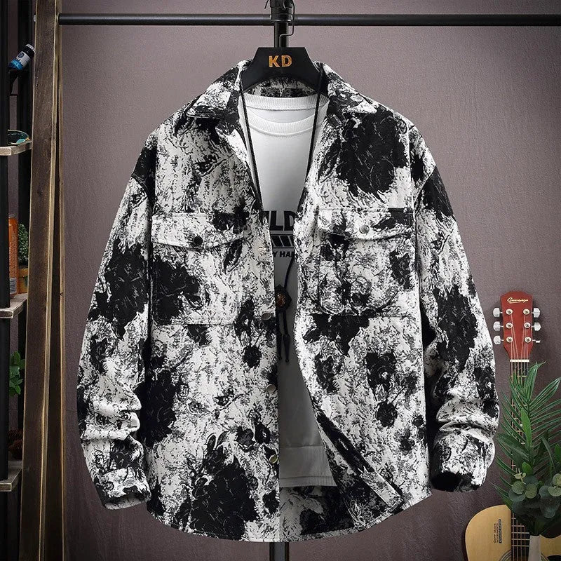 Casual lapel shirt coat with straight hem in polyester fabric, showing front view