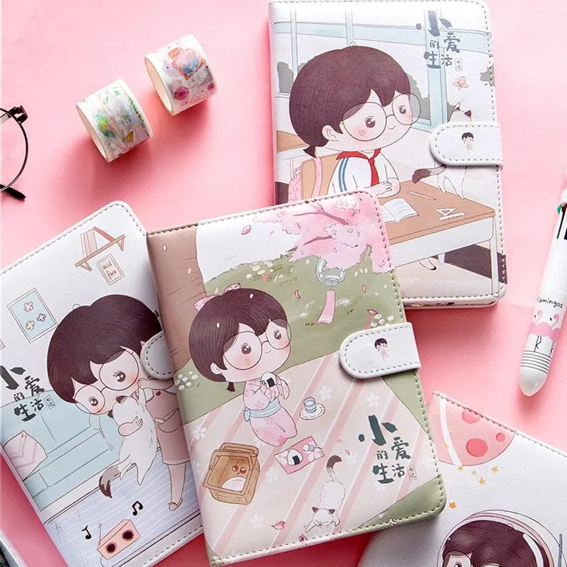 Fruit print notebook planner with magnetic buckle, imitation leather cover, and colourful kawaii illustration of fruit