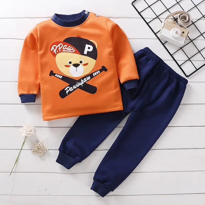 Children's fleece-lined thermal underwear set with coral fleece cotton in cartoon print for autumn winter