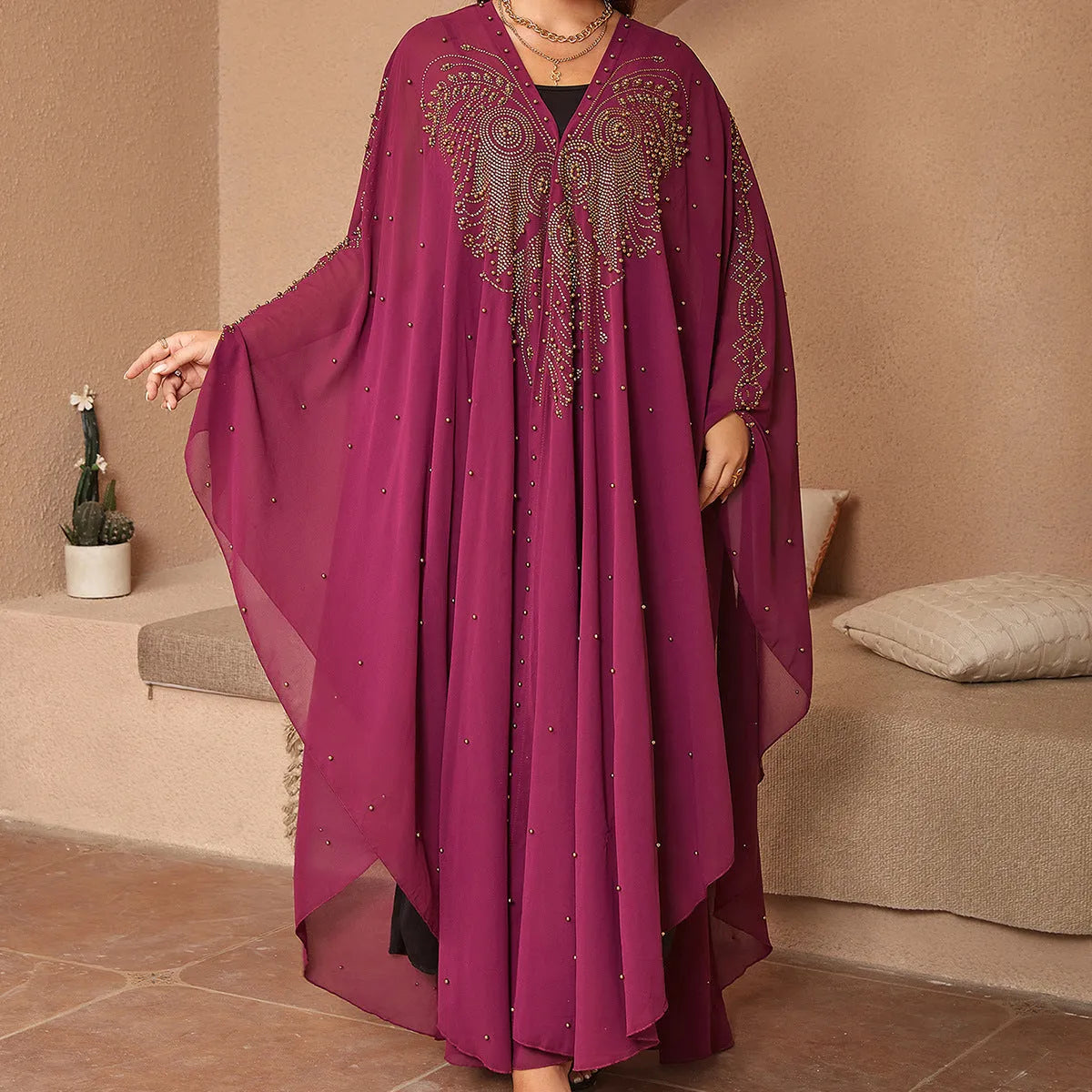 Muslim style chiffon shawl with rhinestone beading in purple colour, showing adjustable length drape