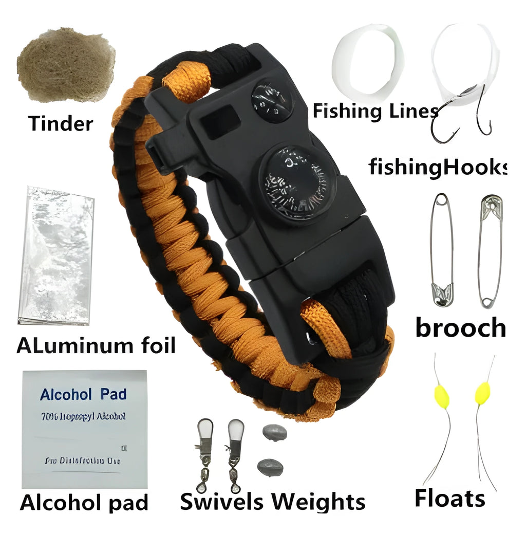 Outdoor umbrella rope SOS emergency kit with 550 paracord bracelet and 20-metre ropes in camouflage green red yellow