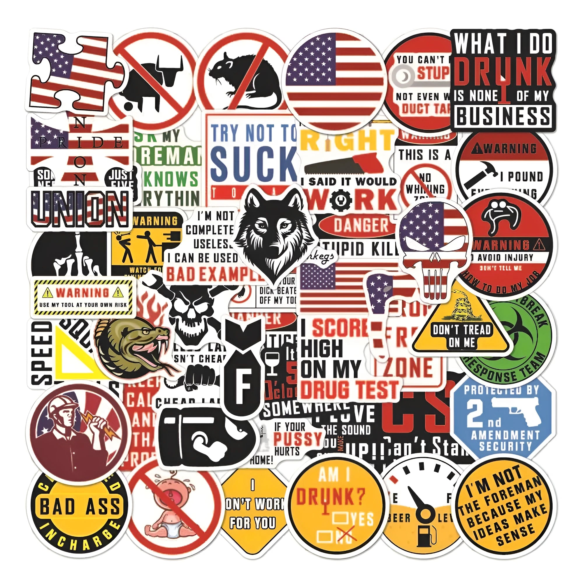 Pack of 50 waterproof PVC motorcycle helmet stickers with warning slogan graffiti pattern 6-8cm size
