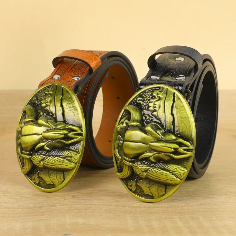 Men's brown imitation leather belt with a detailed electroplated alloy cow head buckle.