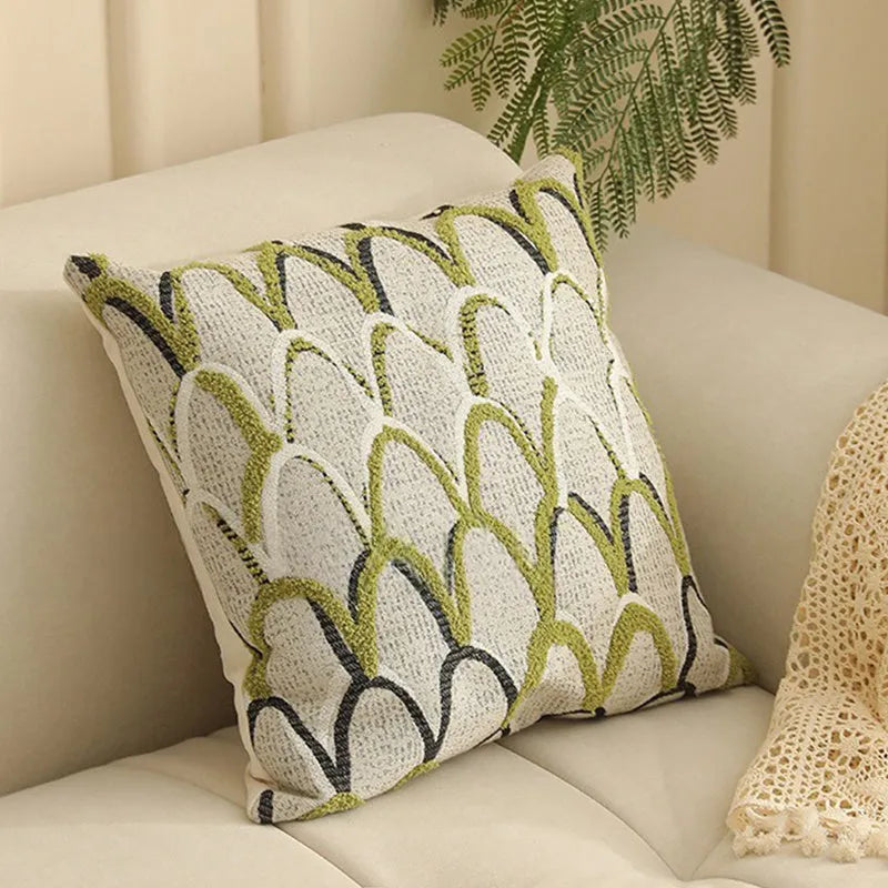 Yarn-dyed jacquard floral pattern cushion cover in 45x45cm size on a grey sofa.