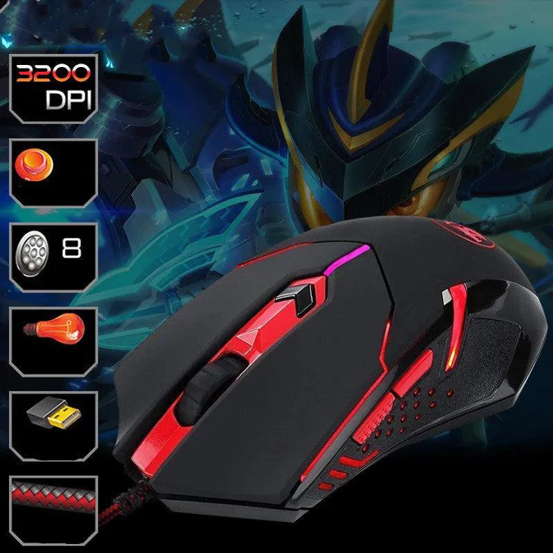 Black and red wired USB optical gaming mouse with six buttons and ergonomic shape