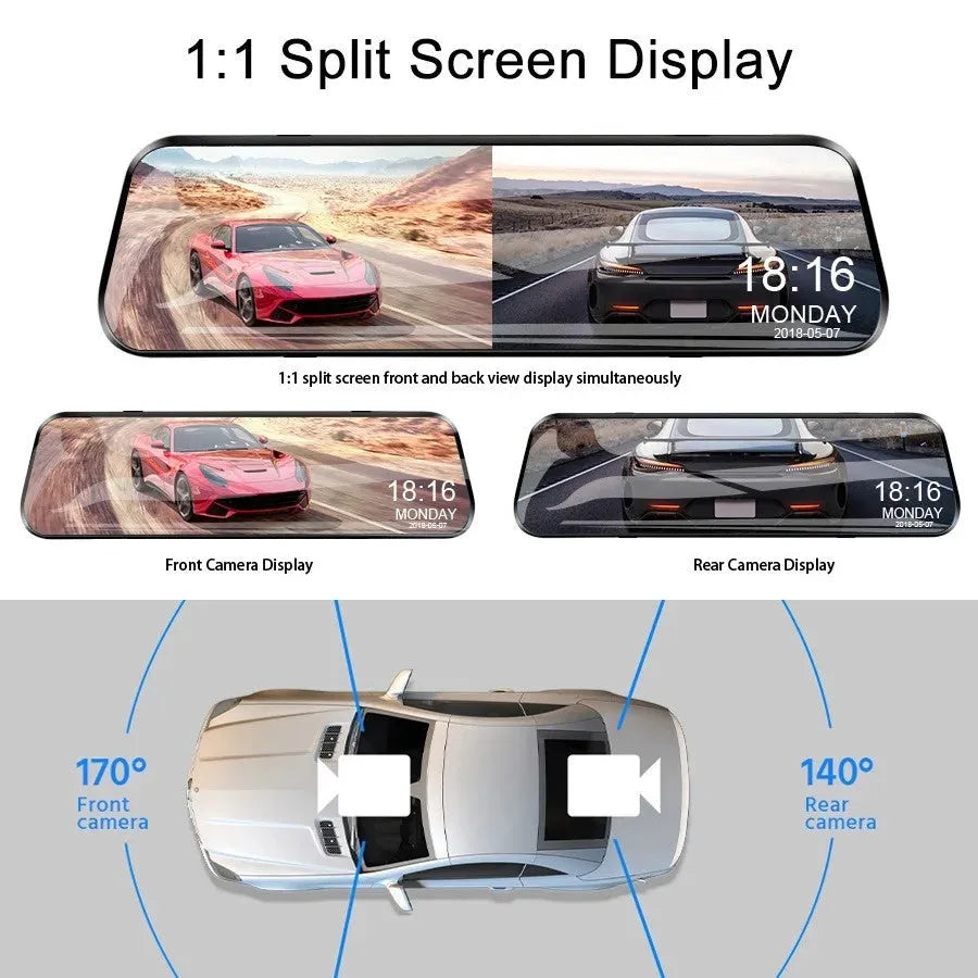 Car rearview mirror camera with 9.88 inch touch screen and motion detection placed over vehicle mirror