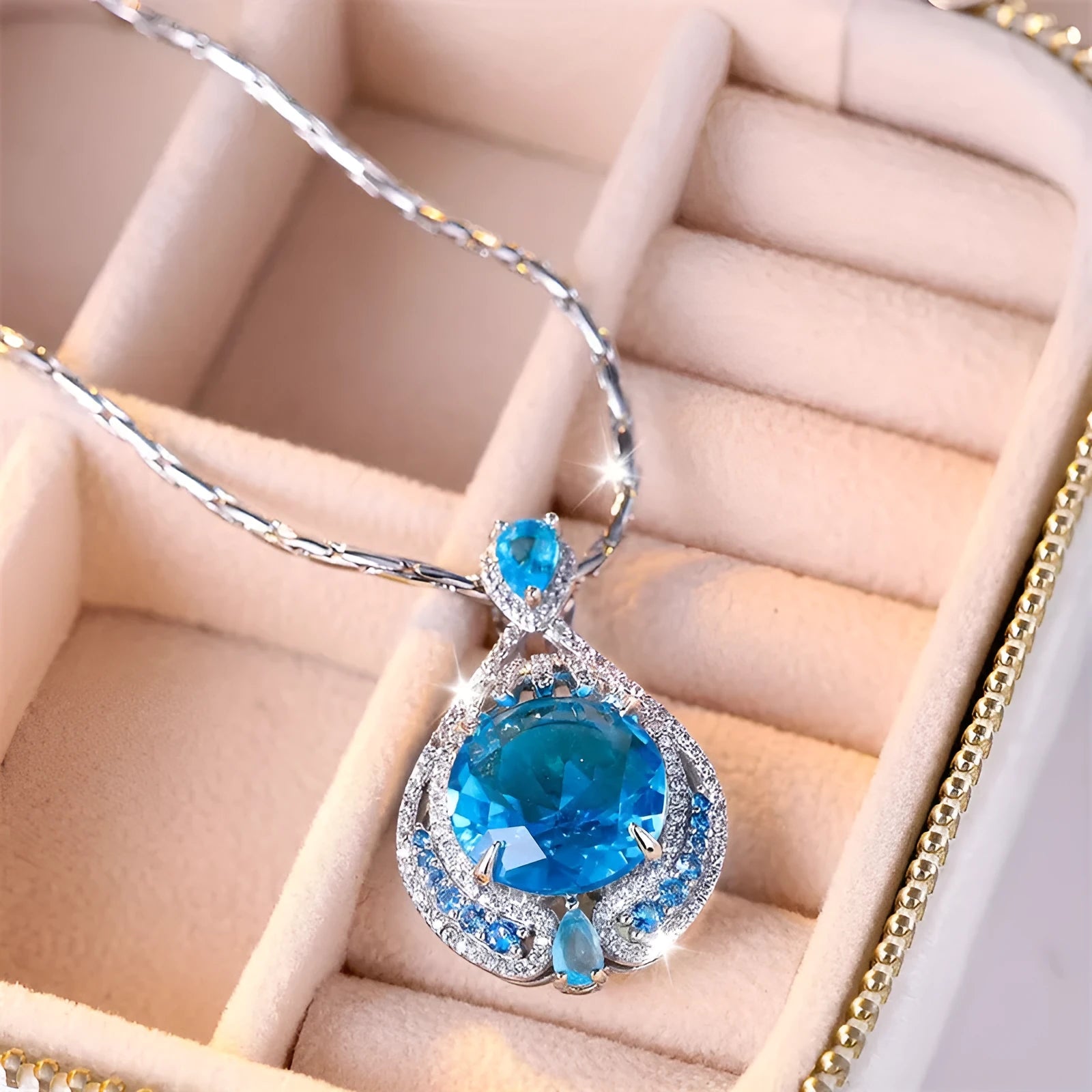 Blue geometric gem pendant necklace with water wave chain for women