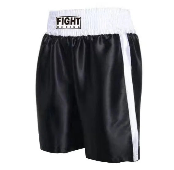 Black and white striped boxing shorts with elastic waistband and side slits for kickboxing training.