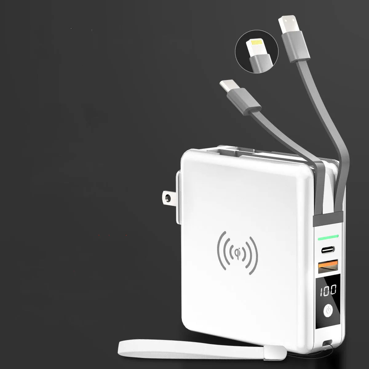 Super QI wireless power bank with built-in folding plug, shown in black and white.
