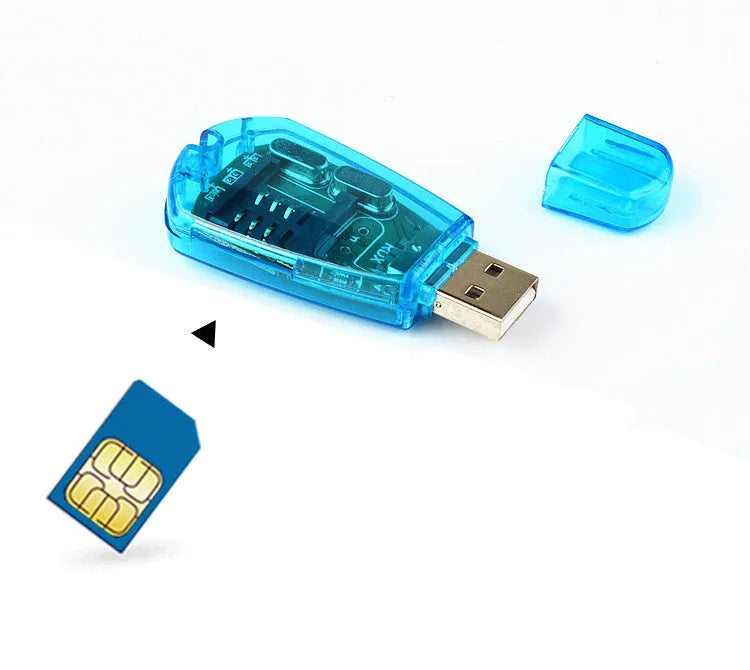 Blue external USB SIM card reader for mobile phone data backup and management