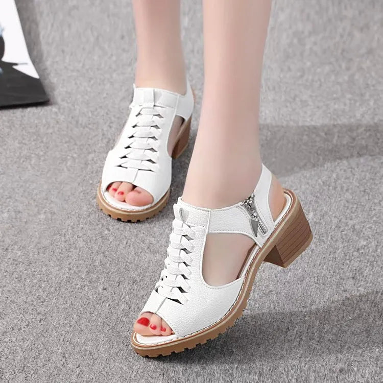 Women's retro sandals with side zipper, beef tendon sole, and 3-5cm middle heel in black.