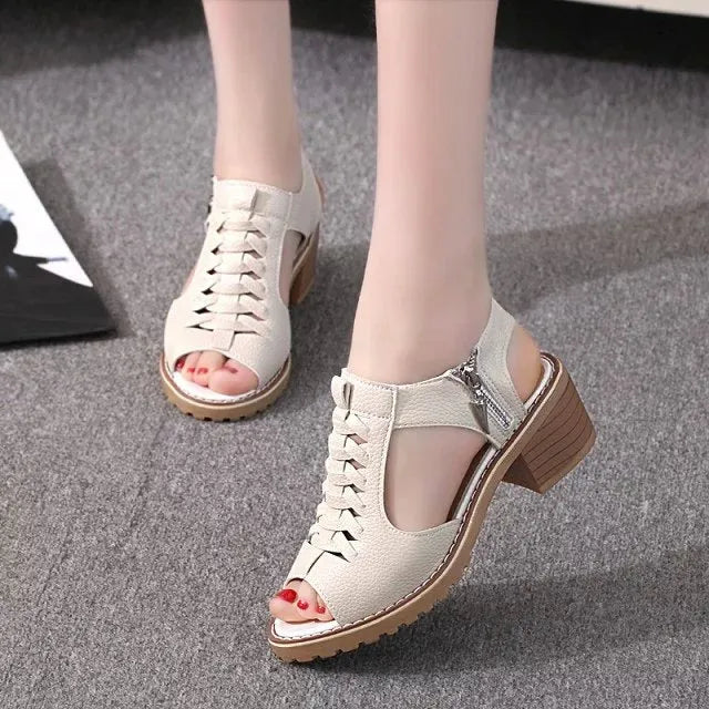 Women's retro sandals with side zipper, beef tendon sole, and 3-5cm middle heel in black.
