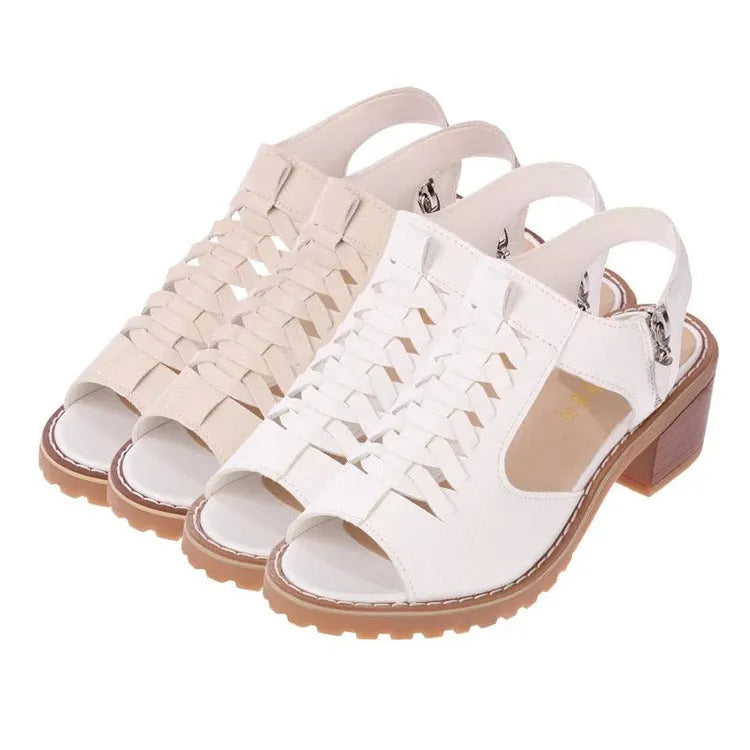 Women's retro sandals with side zipper, beef tendon sole, and 3-5cm middle heel in black.