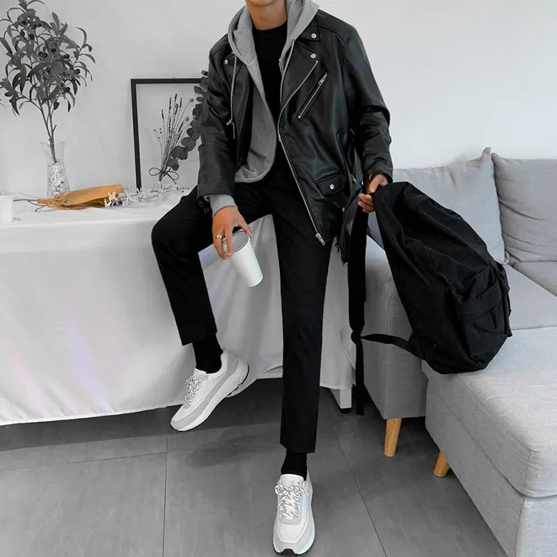 Men's Korean style slim-fit black faux leather motorcycle jacket with zipper front and suit collar