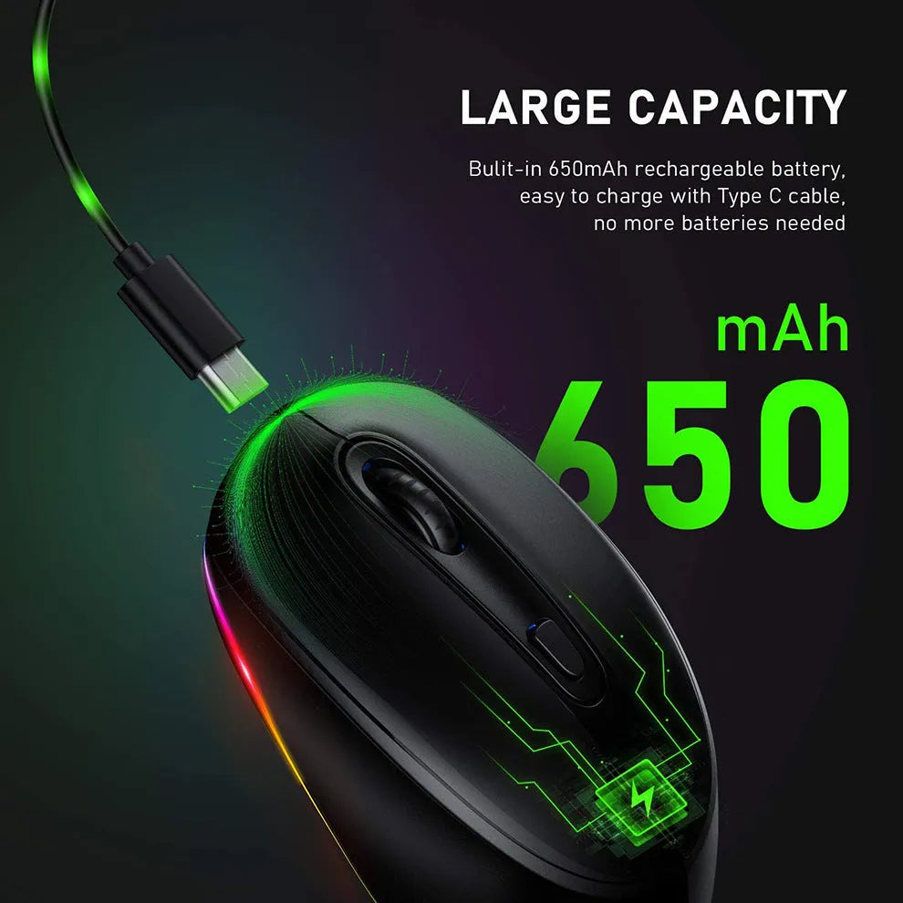 24g ultralight wireless ergonomic mouse in various colours, shown with USB charging cable.