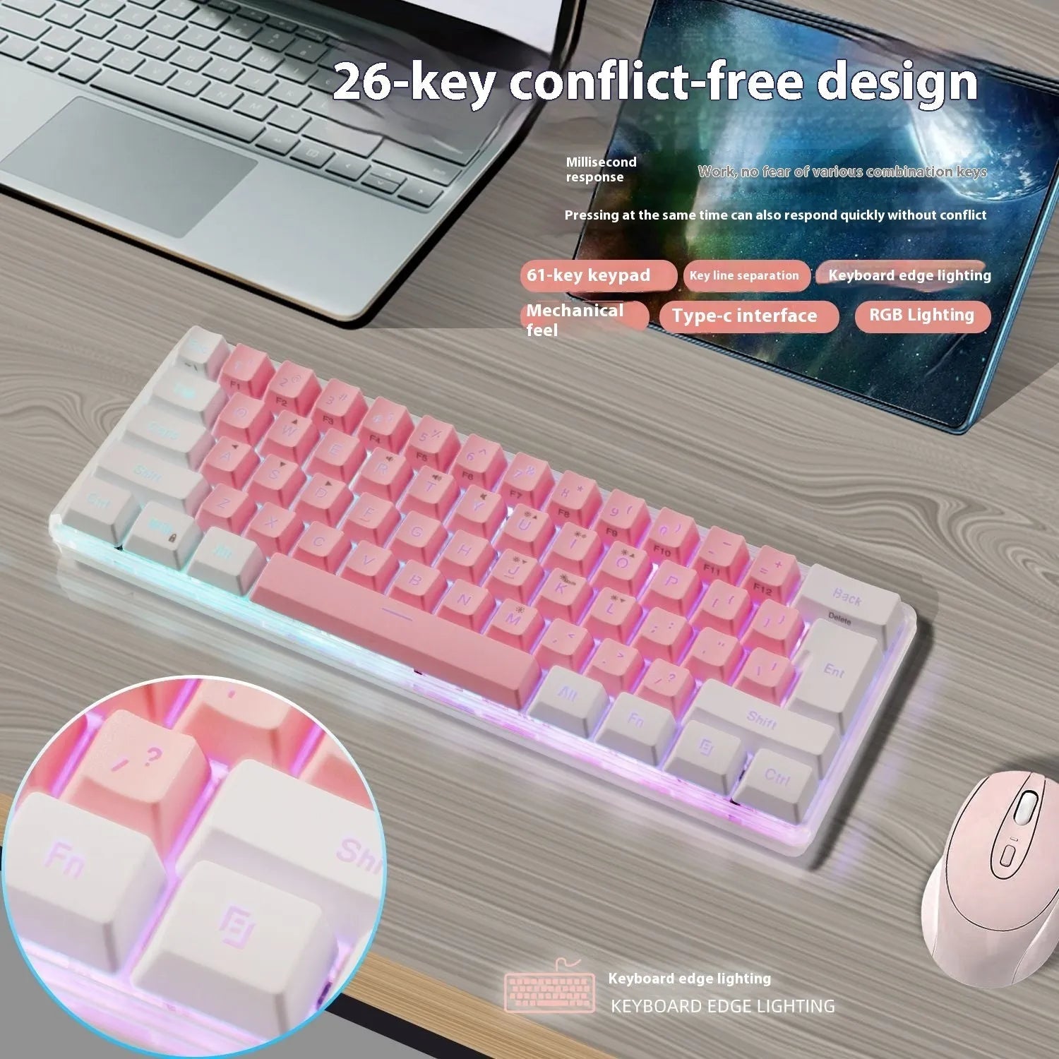 Compact RGB keyboard with wired USB cable and ABS casing, 30x11x2.5cm, in black with backlit keys