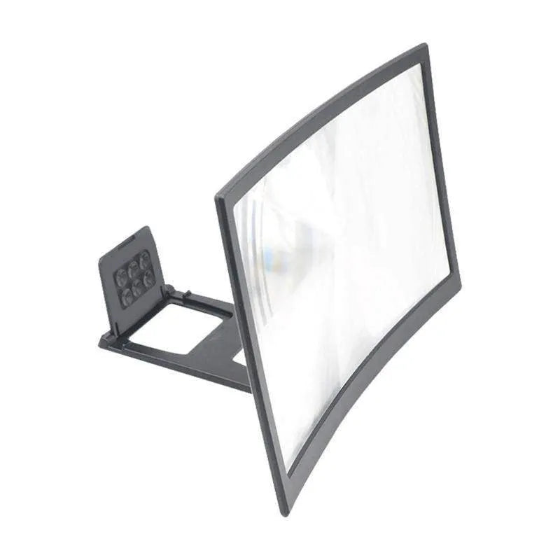 12 inch mobile screen magnifier with curved arc frame holding a phone in anti-slip slot on a desk