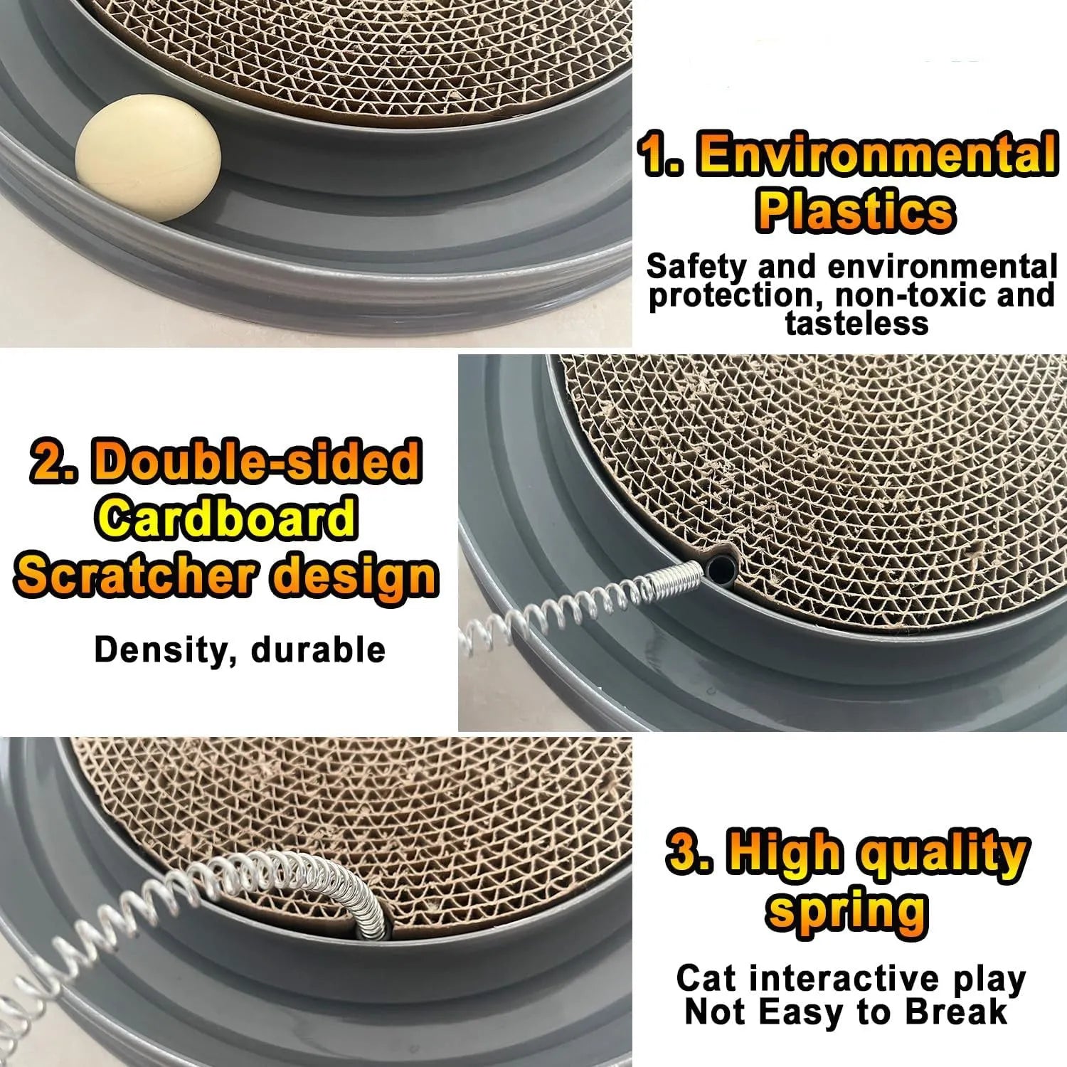 Blue cat scratching post with replaceable cardboard pad, ball track, and mouse swatter accessory