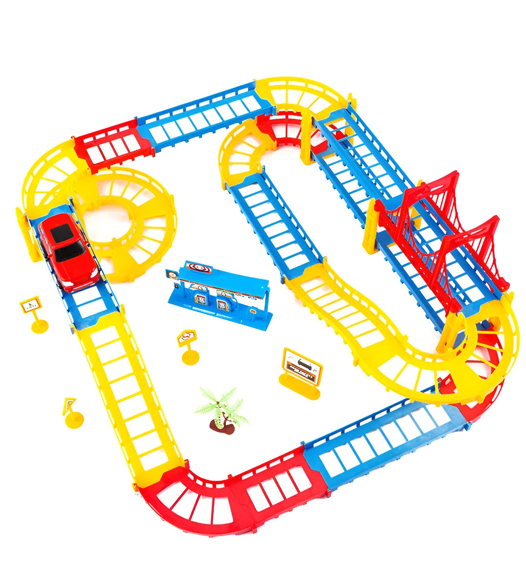 Electric high-speed rail toy set in grey on a surface showing train on track, packed size 30.5 x 8 x 22cm