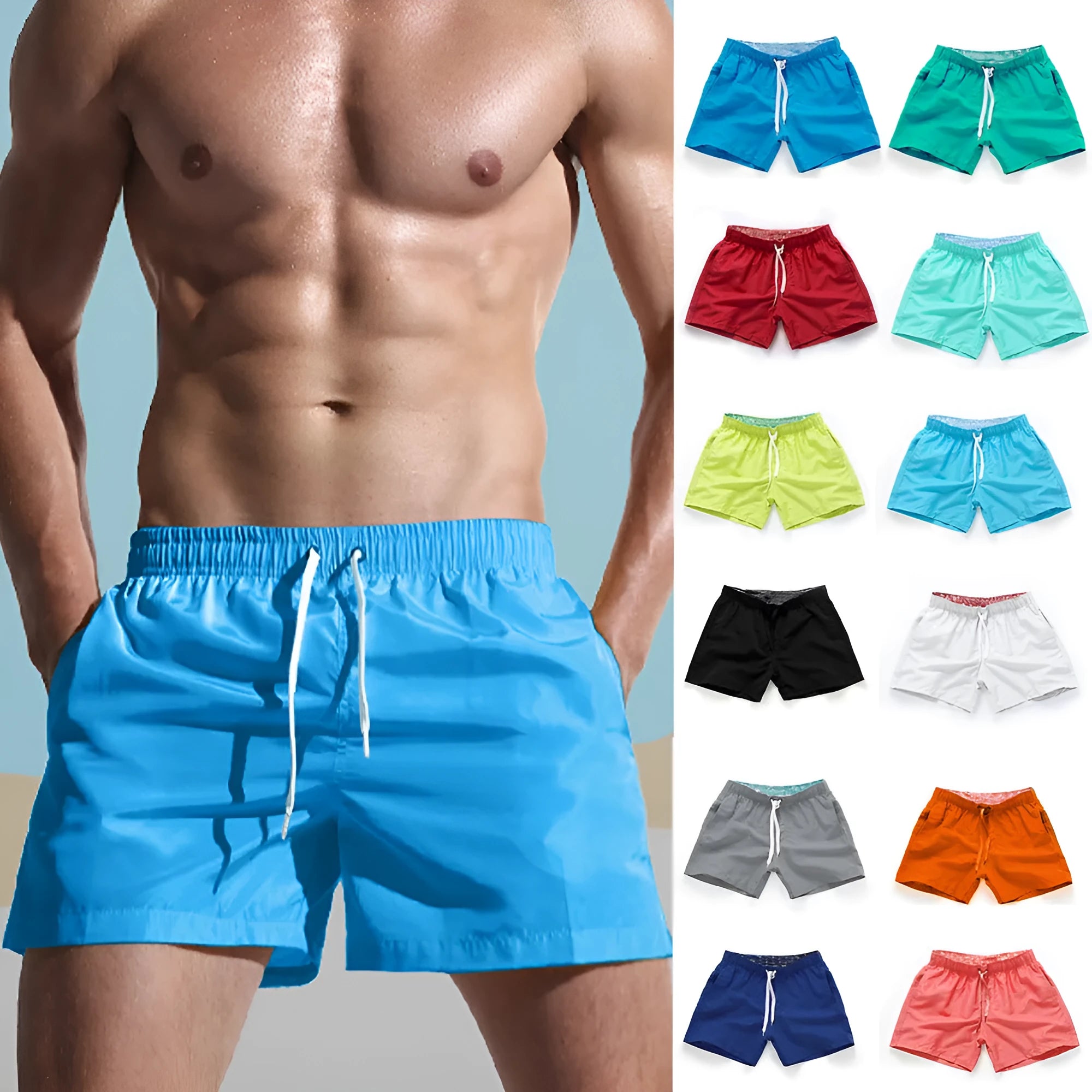 Men's black polyester beach shorts with a straight leg, shown on a size chart with options up to 4XL.