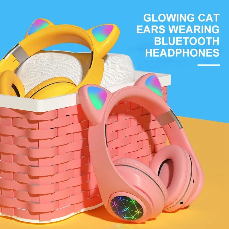 Cat ear wireless Bluetooth sports headset in various colours showing head-mounted design