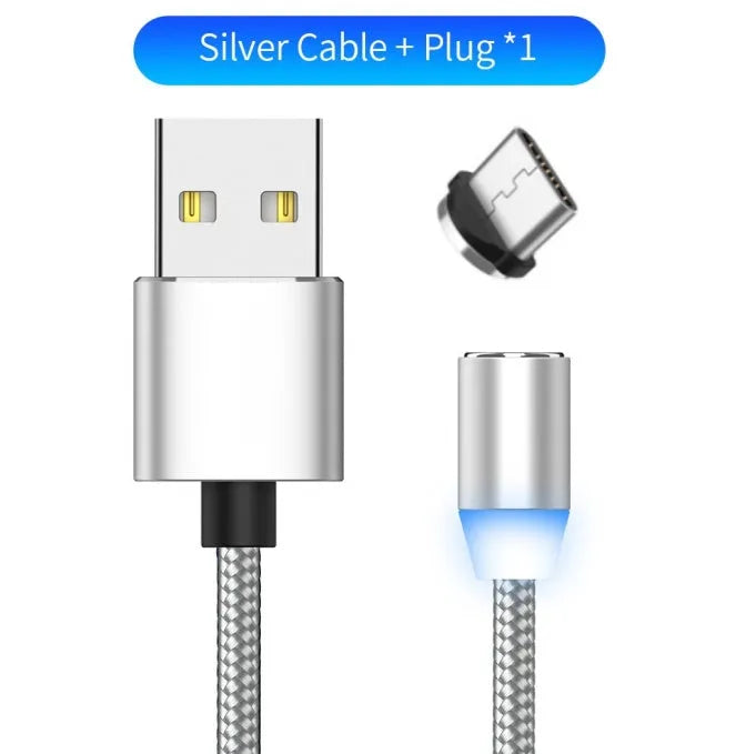 Black magnetic LED charging cable with cotton yarn weave and aluminium connectors