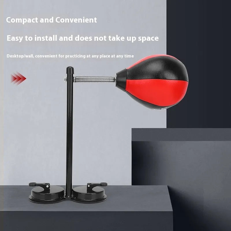 Red and black inflatable boxing training ball with suction cup mounting system and pump