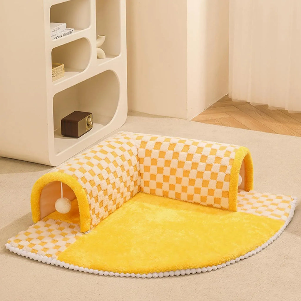 XL fan-shaped plush pet bed with integrated tunnel in plaid fabric, Coffee colour.