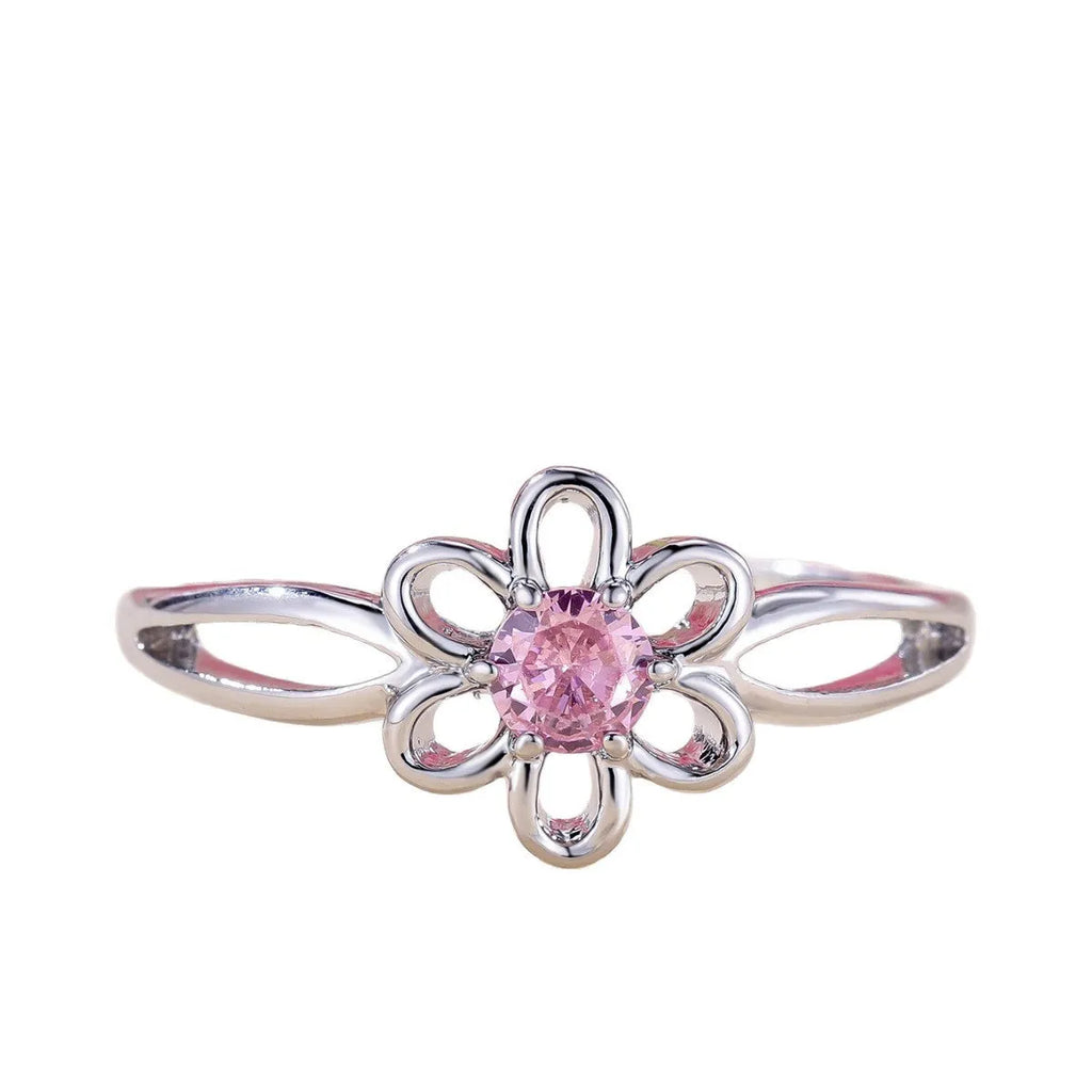 Women's hollow flower design ring in platinum pink diamond colour with white gold powder accents