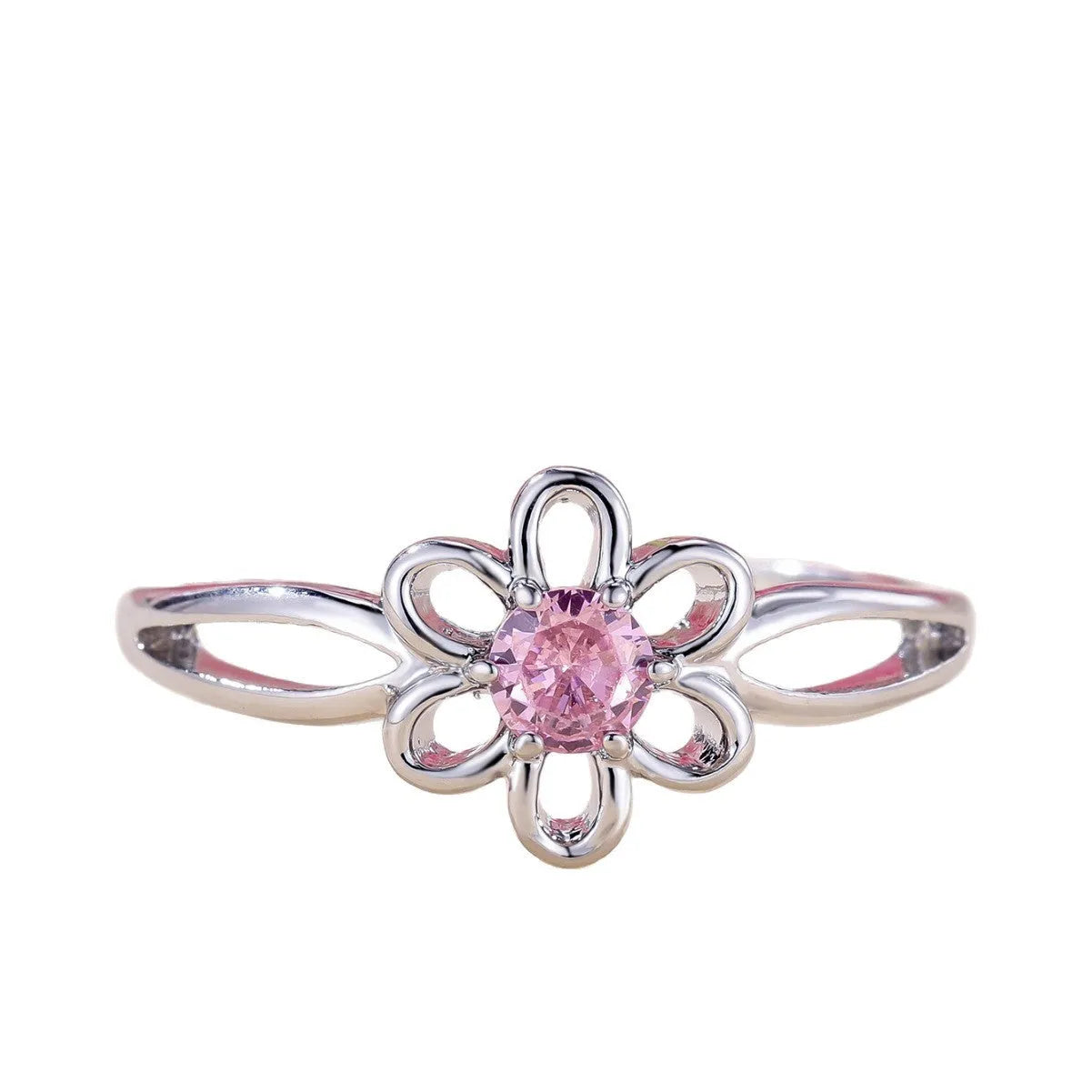 Women's hollow flower design ring in platinum pink diamond colour with white gold powder accents