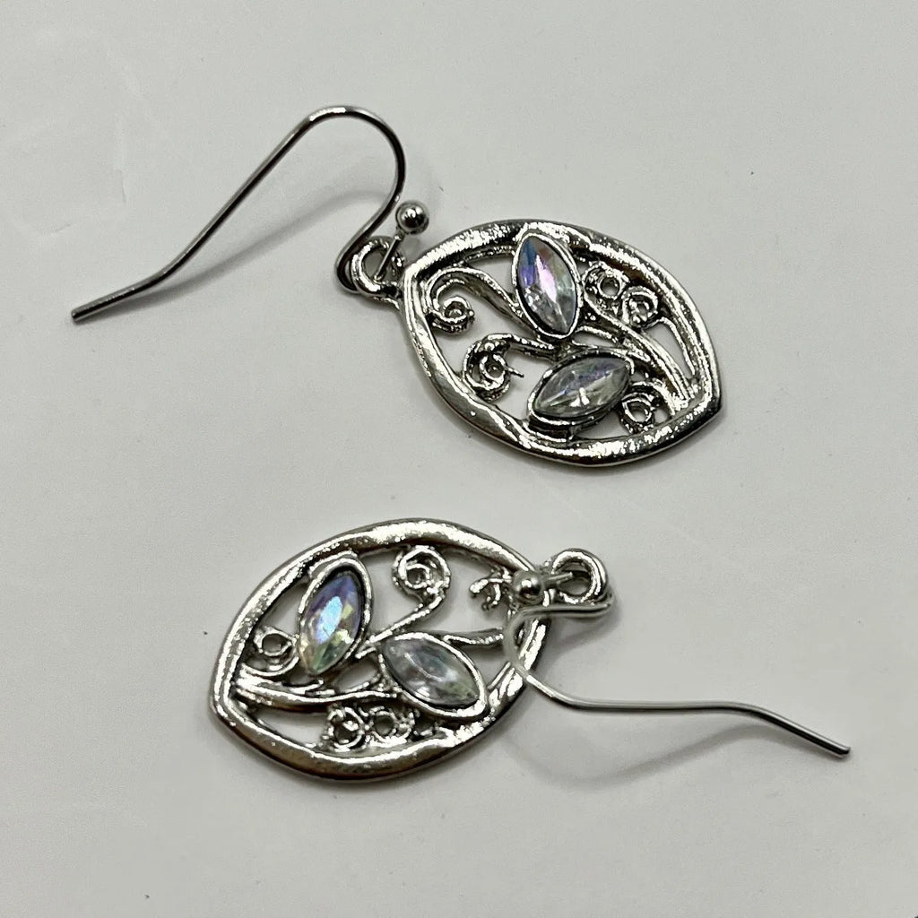 Silver colour women's earrings with creative leaves design embedding colourful moonstones