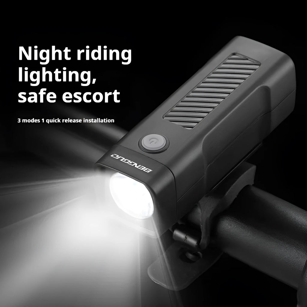 USB rechargeable bicycle headlight with quick release strap bracket mounted on handlebars
