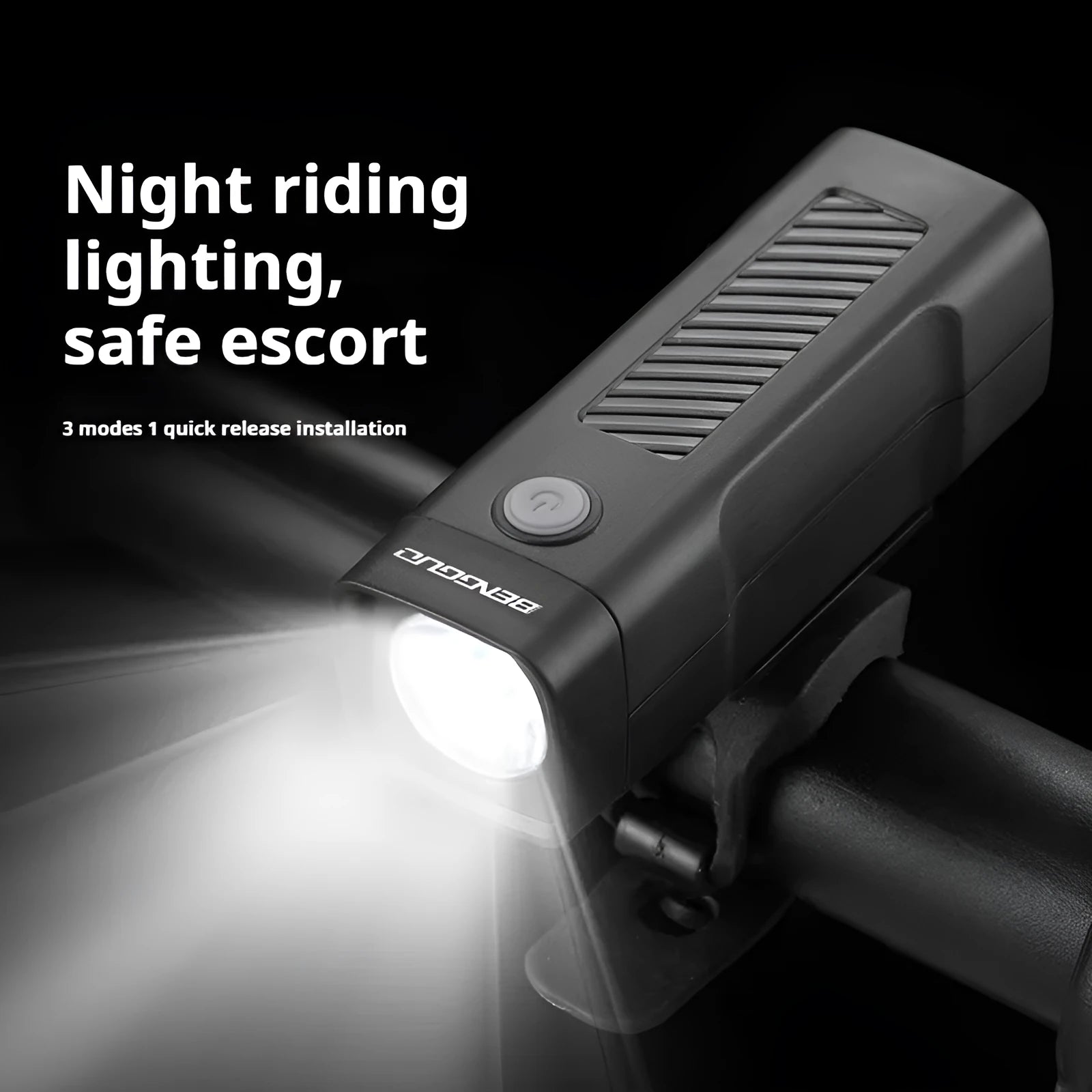 USB rechargeable bicycle headlight with quick release strap bracket mounted on handlebars