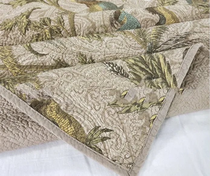 Blue cotton quilted bedspread with American floral and bird pattern, 230x250 cm three-piece set