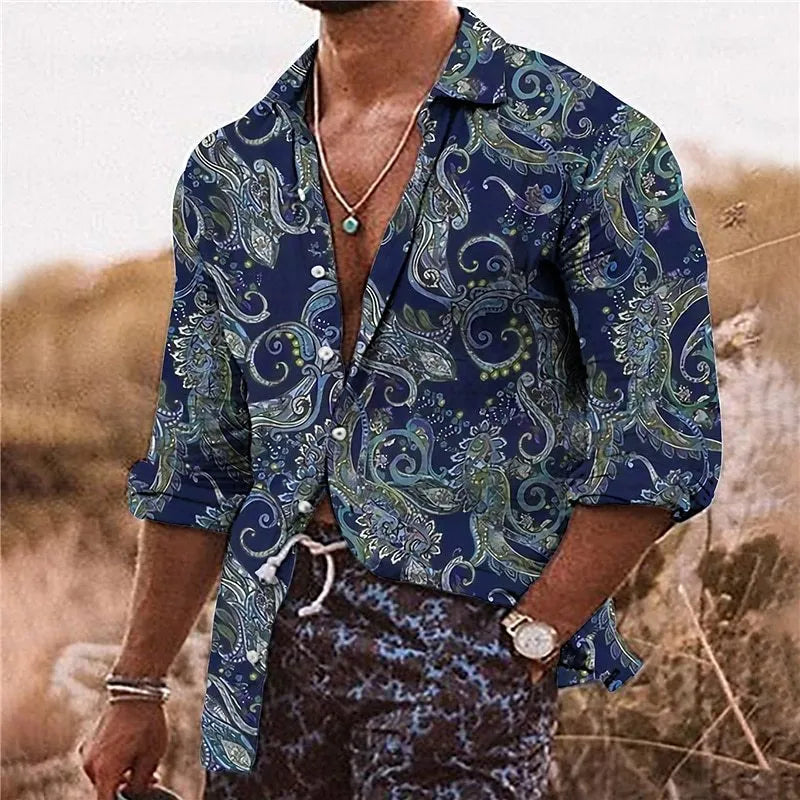 Men's loose fit long sleeve shirt with bohemian floral 3D pattern printing in polyester fabric