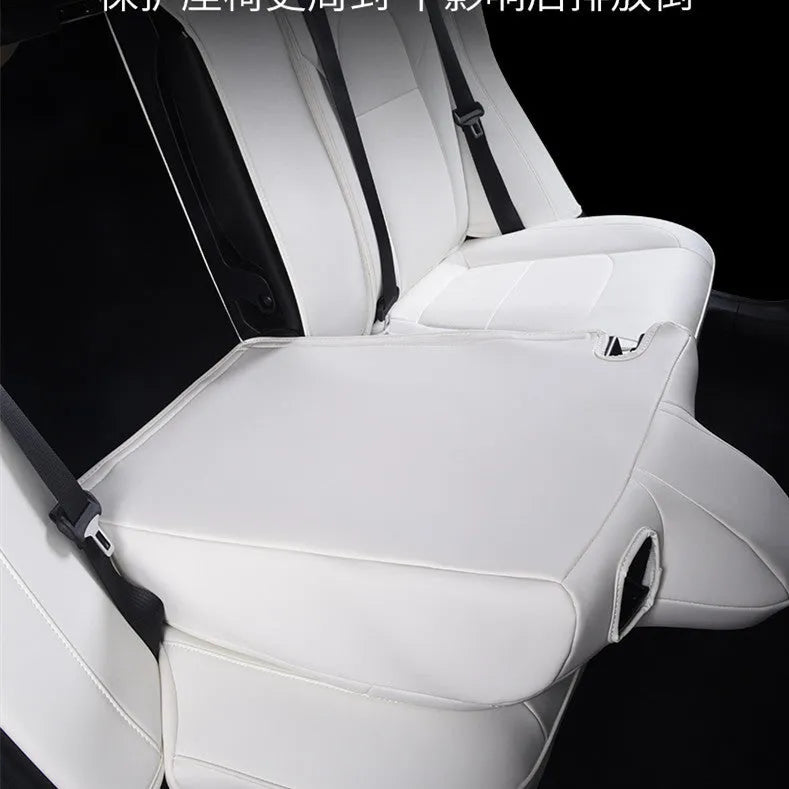 Black and white PVC chloroprene car seat covers for Tesla Model 3 and Model Y interior protection.