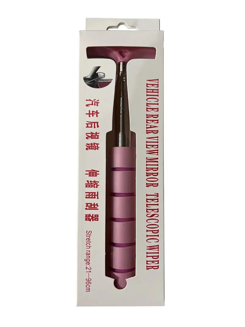 Retractable stainless steel car wiper with rubber blade, shown extended and in black, blue, green, orange, and pink colours.