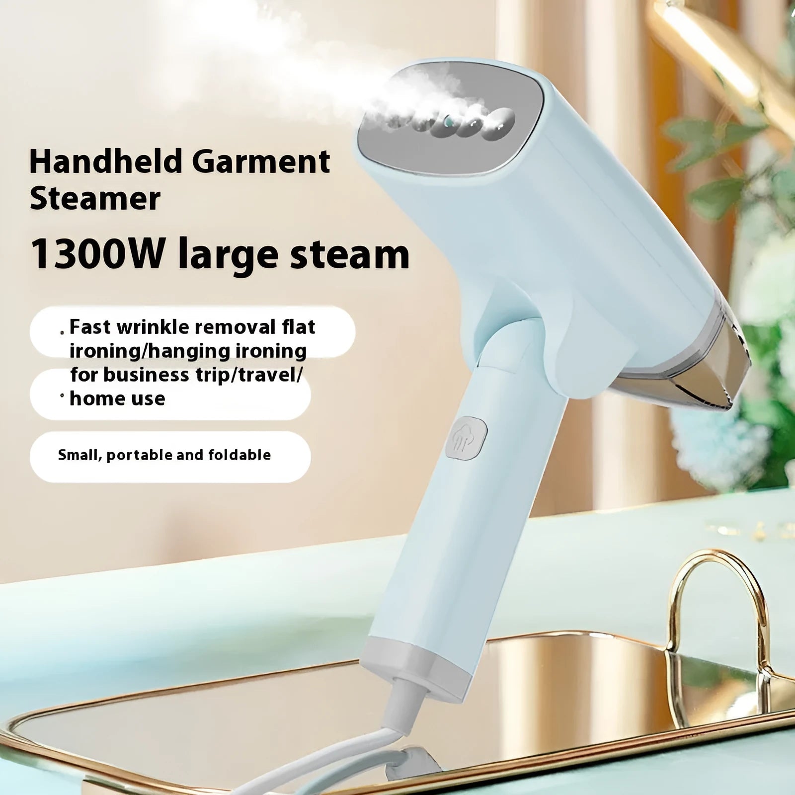 Handheld garment steamer in blue or white with 1300W power and 85ml water tank