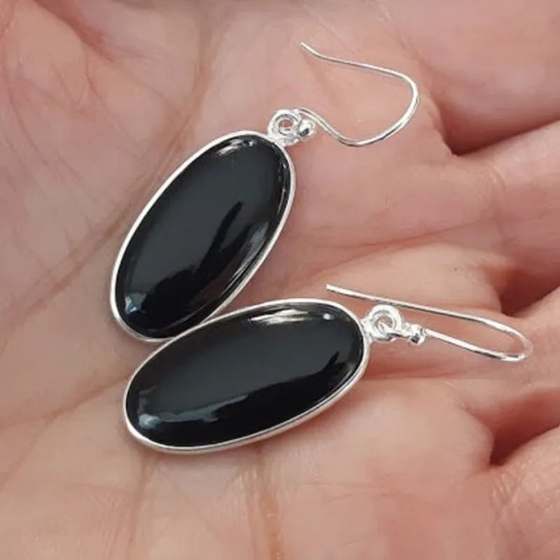 Women's geometric black agate pendant earrings with 925 silver electroplated alloy