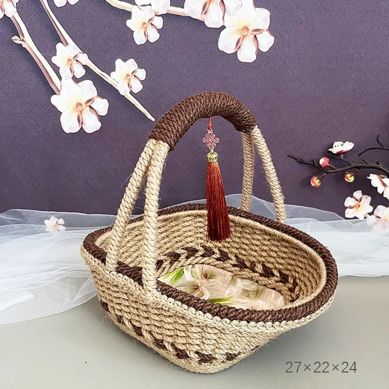 Coffee brown hand-woven straw basket with hemp rope, 19cm by 12cm, rustic retro style.
