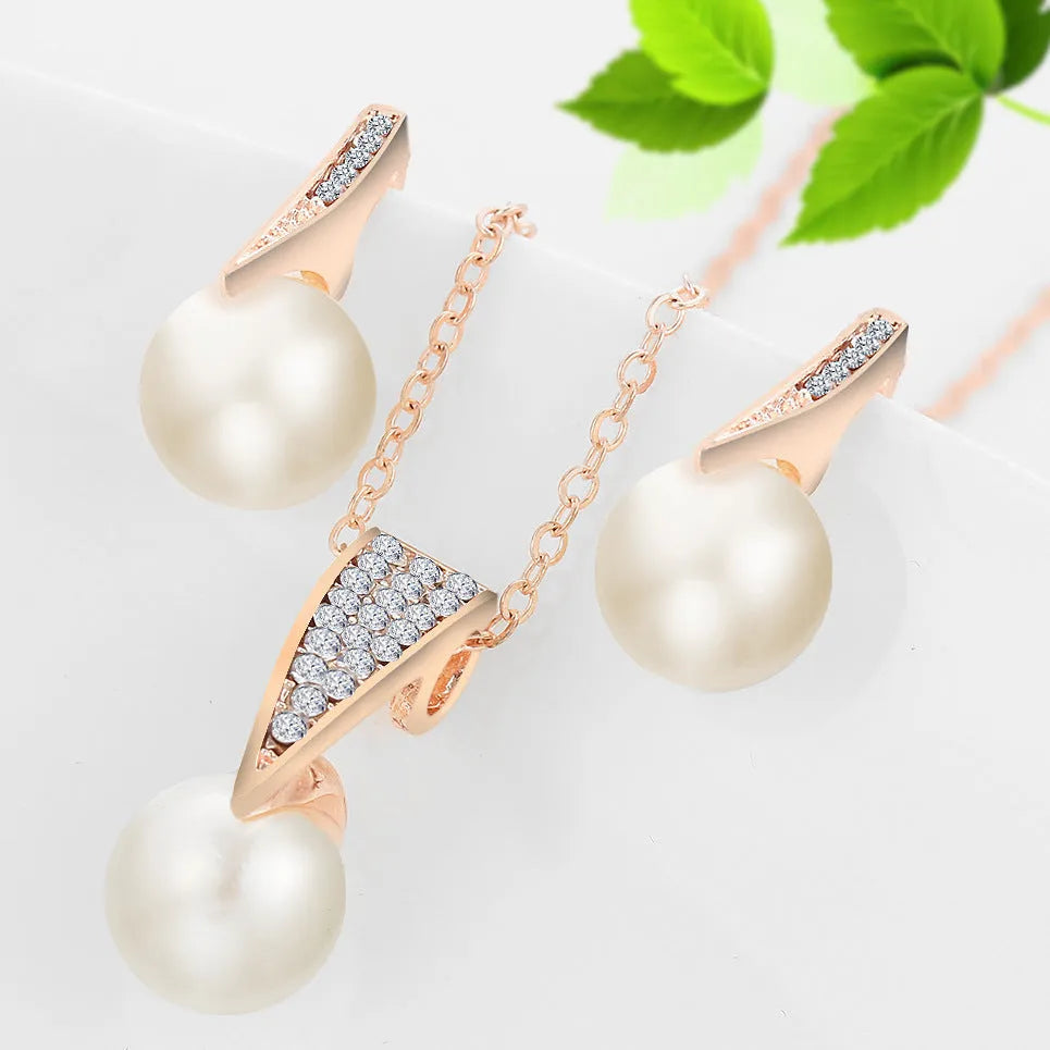 Diamond crystal pearl necklace and earring set on display, formal wedding jewellery