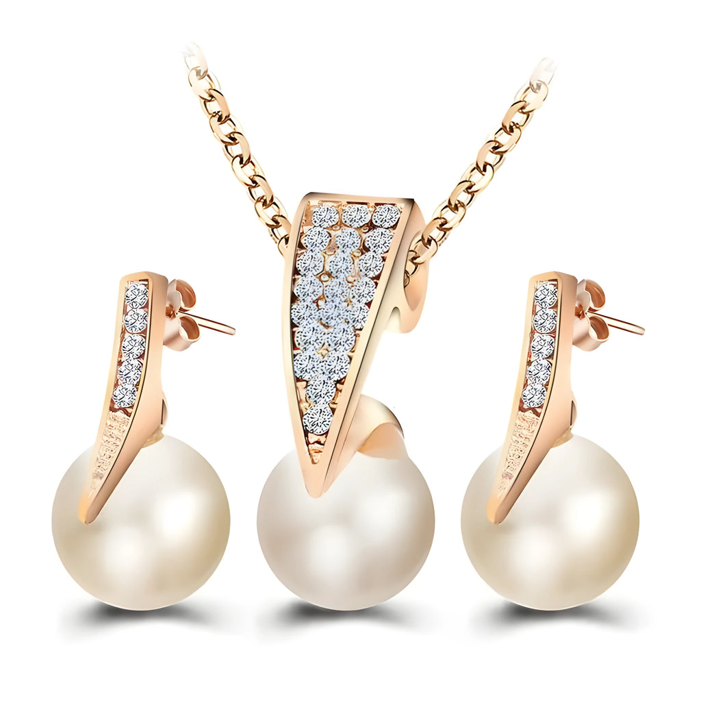Diamond crystal pearl necklace and earring set on display, formal wedding jewellery