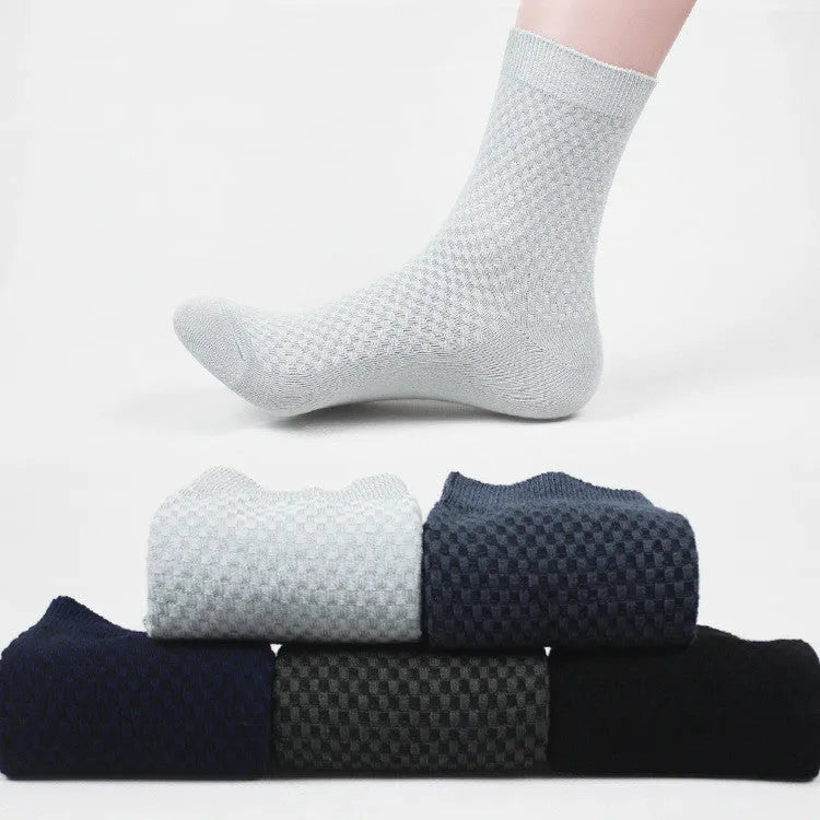 Men's bamboo fibre socks showing small square pattern in five colour options