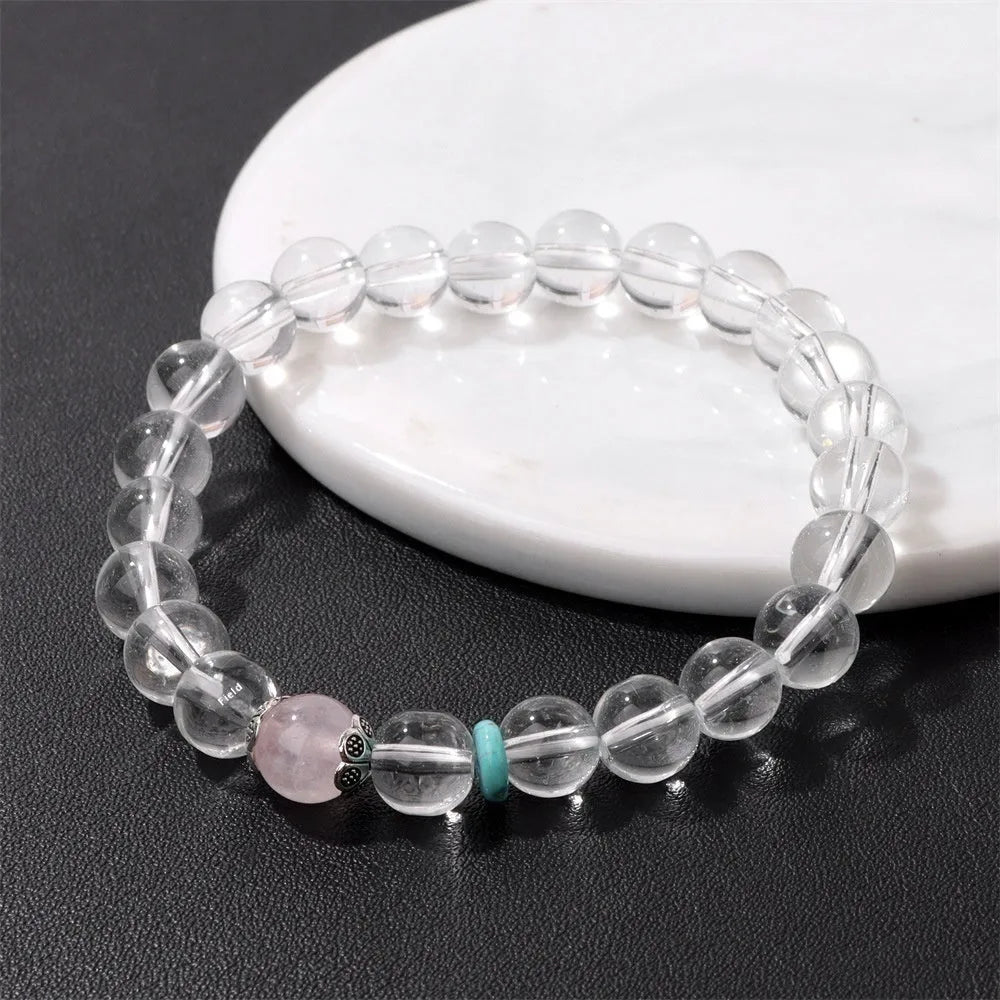 White crystal lucky fortune bracelet with 8mm beads in U-shaped design on matcha green gift box