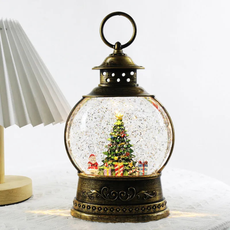 Large flat round plastic Christmas decoration rotating crystal ball music box with night light